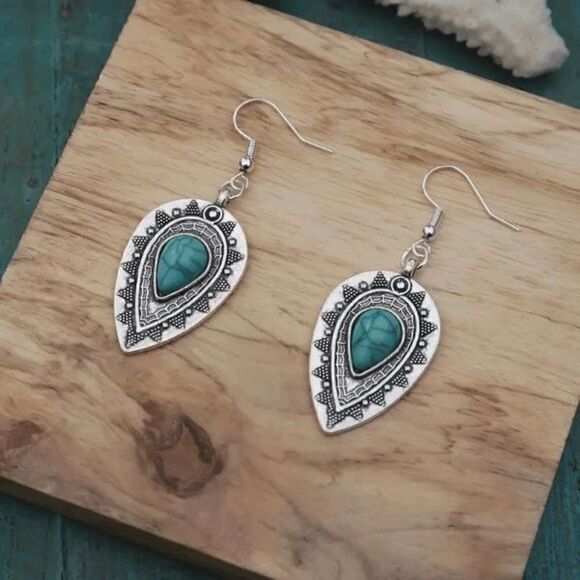 Silver Turquoise Western Boho Water Drop Dangle Earrings - Picture 3 of 6